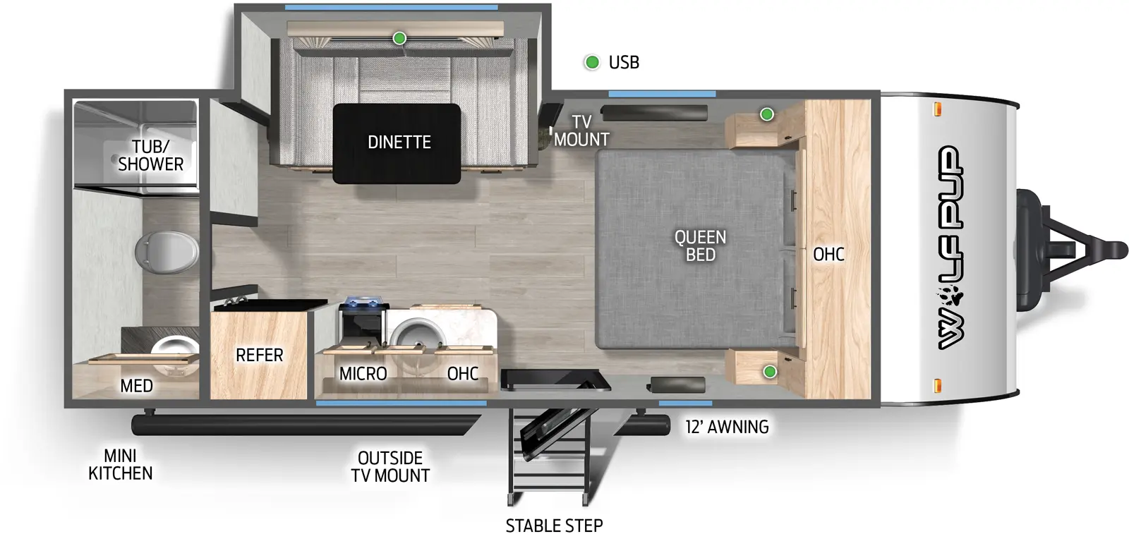 The Wolf Pup 16KHW floorplan has one entry and one slide out. Exterior features include: metal exterior, 12' awning and outside kitchen. Interiors features include: u-dinette, front bedroom and rear bathroom.